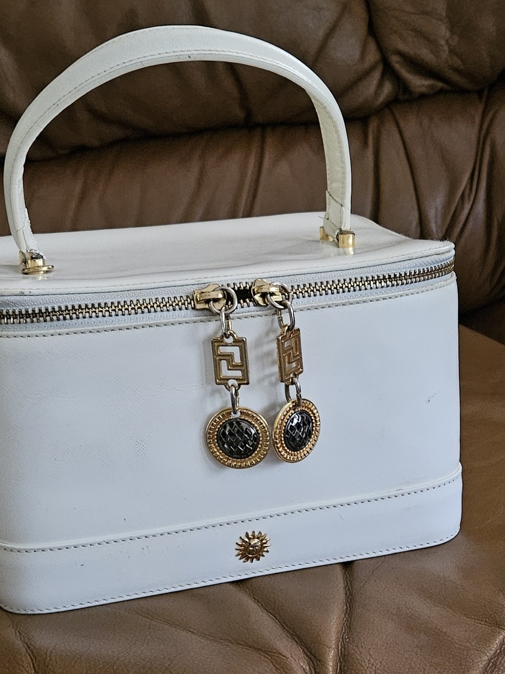 Versace La Medusa Ivory Leather Metallic Gold Luxury Vanity Bag